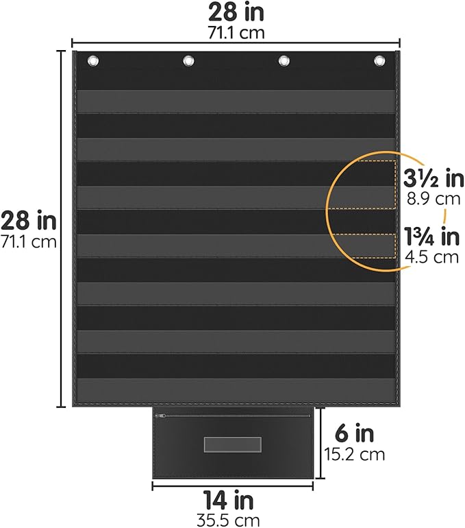 Standard Pocket Chart for Classroom 28"x28" Large 7 Pocket Charts with Card Storage Bag Sentence Strip Holder for Word Wall, Sight Words, Cards, Calendar, Daily Visual Schedule (Black)