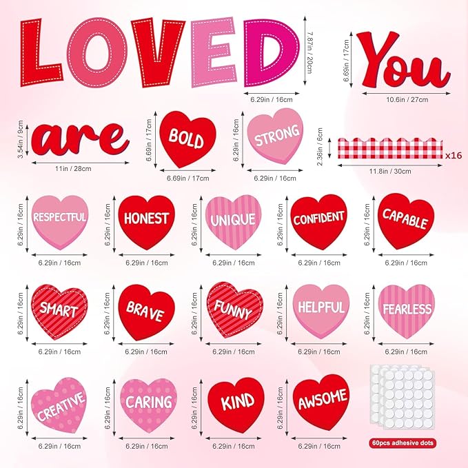 You are Loved Valentine's Day Bulletin Board Decorations Valentines Day Classroom Bulletin Border Red Heart Cutouts with Motivational Positive Sayings for Valentines Party Supplies School Office Decor