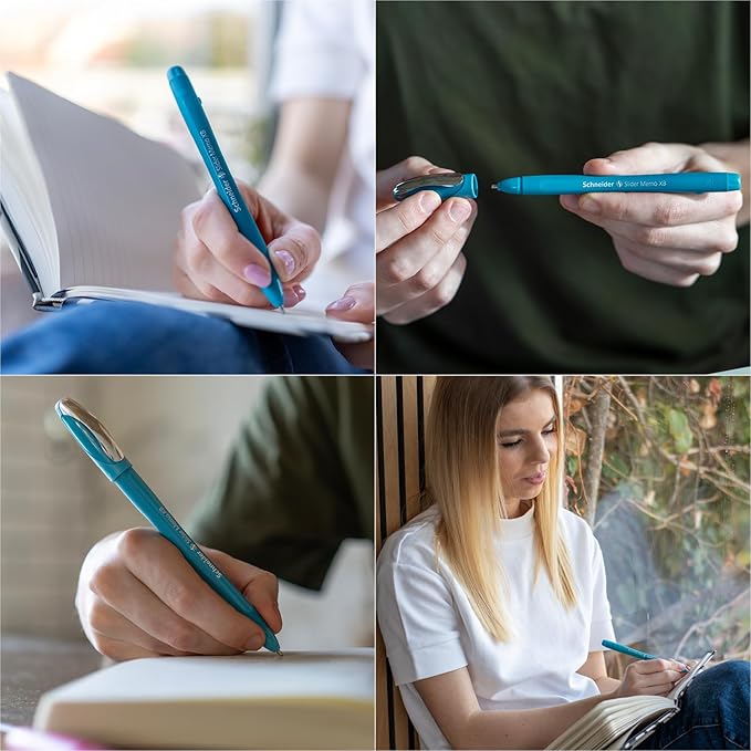 Schneider Slider Memo XB Ballpoint Pen (Colour Edition with Cap, Line Width: XB) Pack of 10, Case Colour: Teal, Ink Colour: Blue