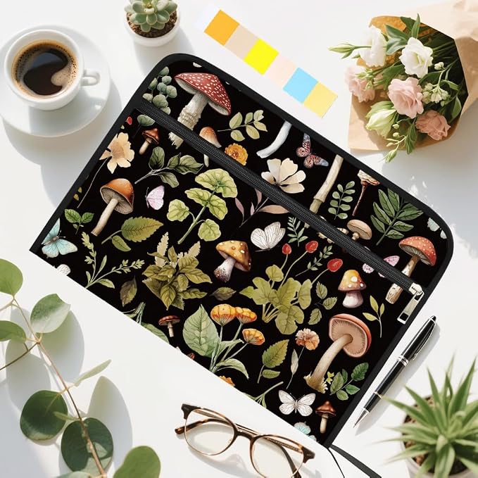 WEBEEDY Mushroom Botanical Expanding File Folder 13 Pockets Butterfly Plants Accordion Folder with Labels and Zipper, Waterproof Portable Expandable File Organizer for A4 Paper Photo Letter Receipt