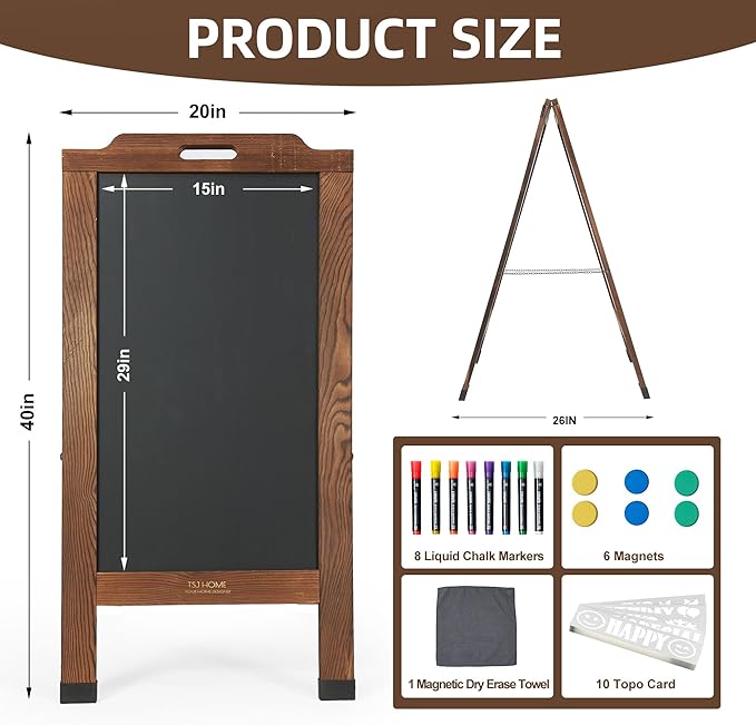 Magnetic Portable A-Frame Chalkboard Signs, 40" x 20" Large Wood Sandwich Board Signs Outdoor, Double-Sided Sidewalk Standing Chalk Board for Business, Wedding, Vendor Display, Coffee Shope - Brown