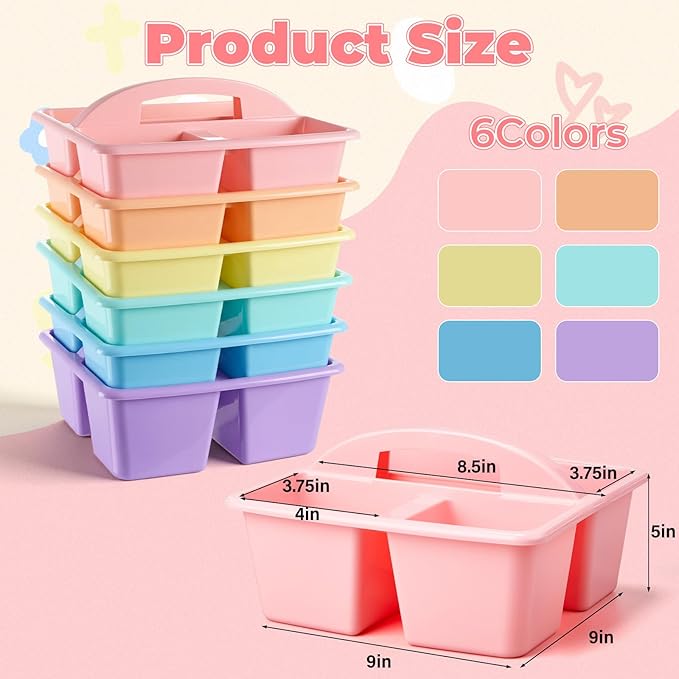 Kathfly 6 Pack Multipurpose Compartment Caddy, Plastic Storage Boxes with Handle, Assorted Colors Table Caddies Organizer for Classroom Office School Home Shower Supplies (Macaron Color)