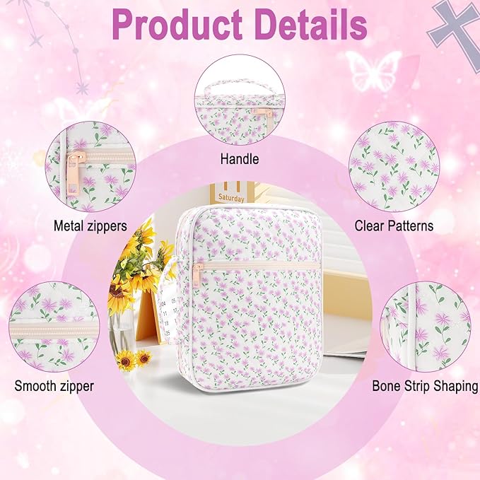 Zkptops Bible Cover Case for Women Large Bible Bag Cotton Quilted Bible Carrying Case with Zipper Pocket and Handle Carrying Book Cover for Christian Study Supplies Christian Gift(Purple Flower)