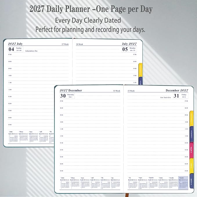 2027 Daily Planner -One Page per Day, Appointment Book 2027, Hourly Daily & Monthly Planner with Tabs(Jan-Dec 2027), 8.26'' x 5.9'' Calendar Planner, Leather Cover + Thick Paper (Navy Blue)