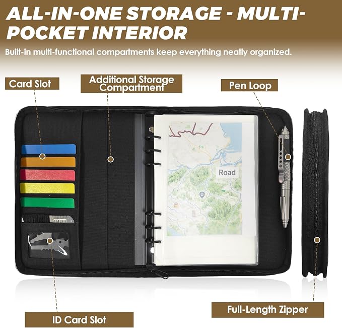 Tactical Notebook Cover, A5 Padfolio 6 Ring Binder with Big Back Pocket & Hand Strap, Zippered Hardcase Planner for Journal, College, Office, Field (Black Camo, A5(7.3 x 10 inches))