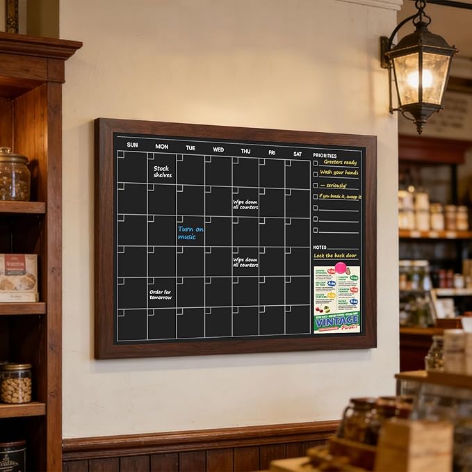 4 THOUGHT Monthly Calendar Chalkboard for Wall, 36" x 24" Magnetic Chalk Board with Rustic Frame, Large Blackboard Planner & Menu Board for Kitchen Home Office School, Includes 4 Markers & 8 Magnets