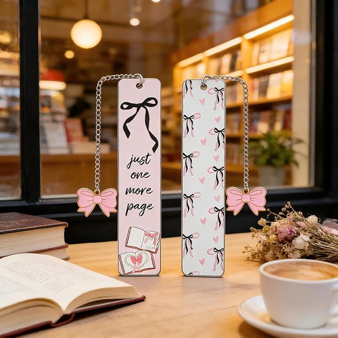 Pink Bowknot Stainless Steel Bookmark - Printed with Cute Bowknot Patterns & Equipped with Heart Pendants, Ideal for Female Readers, Perfect Birthday Gift for Girlfriends (Double-Sided A)