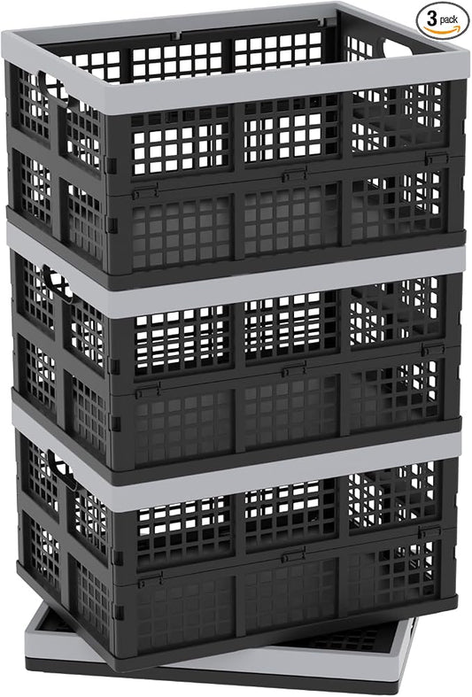 Collapsible Milk Crate, Black, 3PK 30L Stackable Containers Folding Crates, Heavy Duty Plastic Collapsible Storage Bins for Multi Purposes
