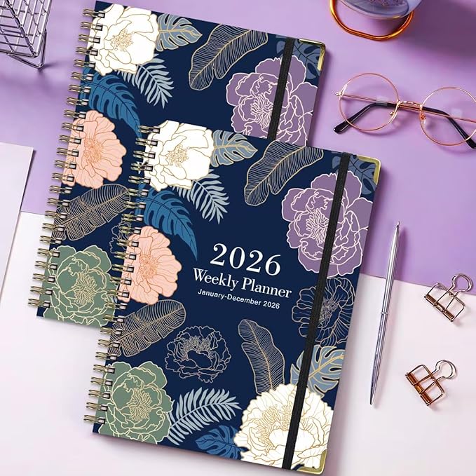 2026 Planner Weekly and Monthly Agenda Notebook, 6" X 8" Spiral Hardcover Daily Planner Calendar with Tab, Bookmarker, Elastic Band and Back Pocket, Office Supplies for Women Blue Floarl