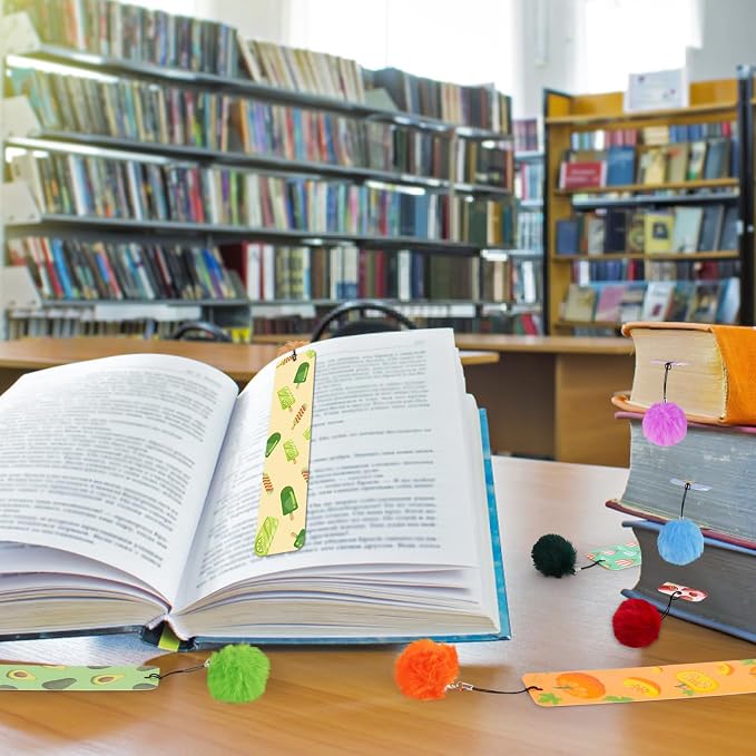 16 Pcs Cute Bookmarks Bulk Colorful Book Marks with Pompom Pendant Gifts for Reading Kids Boys Girls Book Lovers Reading Presents Classroom Reading Prizes Party Favor