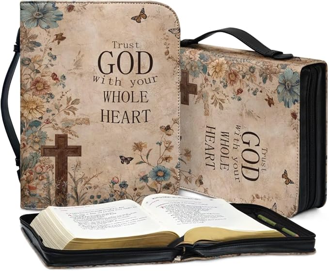 Retro Style Brown Cross Bible Case with Bookmark Waterproof Bible Cover Case for Women Lightweight Bible Bag with Handle Pockets Church Book Bag