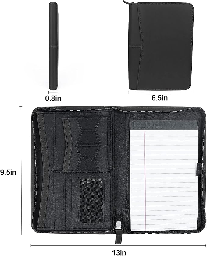 Godery Mini Leather Zippered Padfolio Portfolio Binder 5 x 8 Legal Writing Pad, Professional Business Portfolio for Men & Women, Card Holder, Notepad Clipboard Holder (Black)