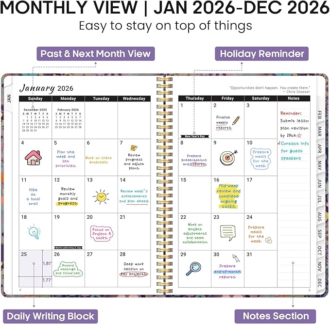 2026 Planner, Weekly and Monthly Calendar Planner Book, January 2026 - December 2026, Hardcover Spiral Planner with Monthly Tabs, Notes Pages, Perfect for Women & Men, A4 (8.5" x 11") - Violet