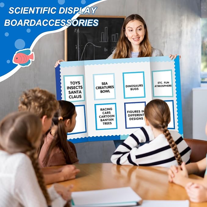 90 Pcs Science Fair Board Supplies Include 72 Trim Scalloped Bulletin Borders 18 Presentation Board Subtitles for Classroom Office Display (Ocean)