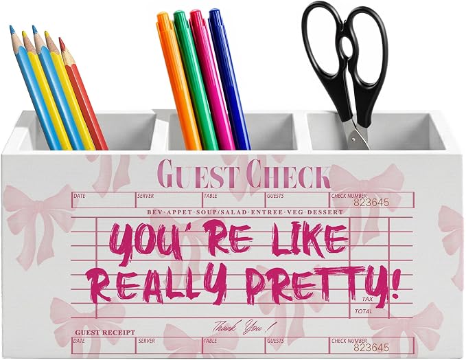 Trendy Coquette Pink Bow Pen Holder for Home Office Desk, Pink Girly Office Decor, You're Like Really Pretty Guest Check Wooden Box Sign Pencil Holder for Desk Shelf Organizer