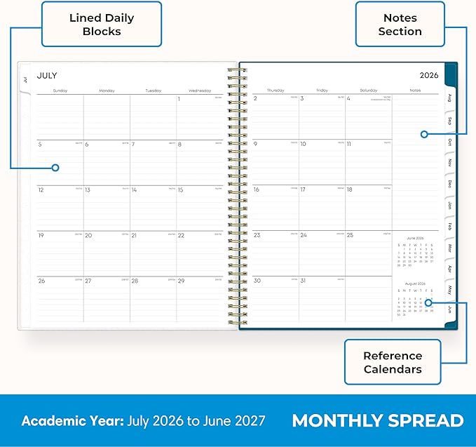 Blue Sky 2026-2027 Weekly and Monthly Academic Year Planner Calendar, July 2026 - June 2027, 8.5" x 11", Flexible Cover, Wirebound, Storage Pocket, Bakah Blue