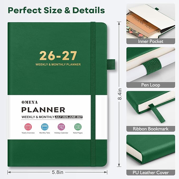 OMEYA Leather Academic Planner 2026-2027: A5 Green Business Weekly & Monthly Planner for Work, July 2026 – June 2027, 100gsm Thick Paper, Durable Stitched Binding, Tabs, Pen Loop, Pocket
