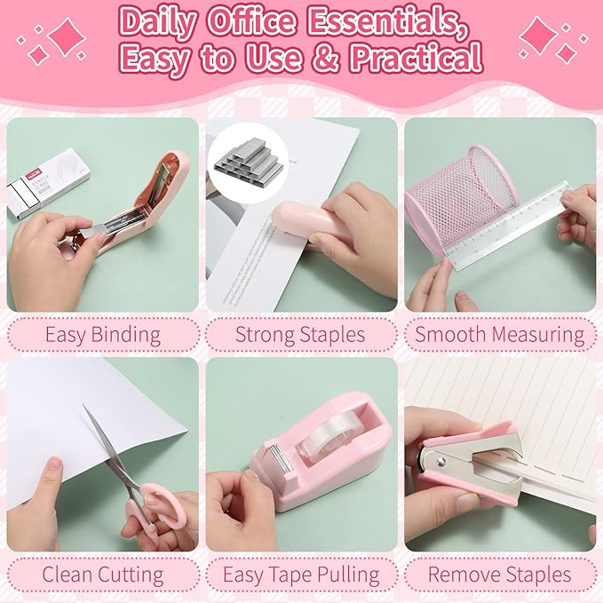 Comkrivy 1181 PCS Pink Desk Accessories for Women Office, Girls Desk Organizers and Accessories with Mesh Desk Organizer, Pen Holder, Stapler, Tape Dispenser, Scissors Women Pink Office Supplies Set
