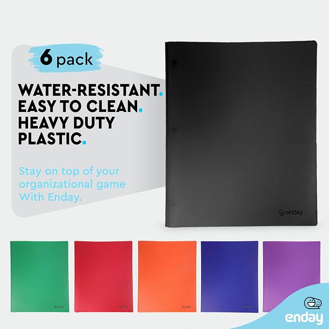 Plastic Folders with Pockets and Prongs Black, Two Pocket Folder with Brads, 3 Prong Folders with Pockets for Letter Size Sheets (6 Pack) - By Enday
