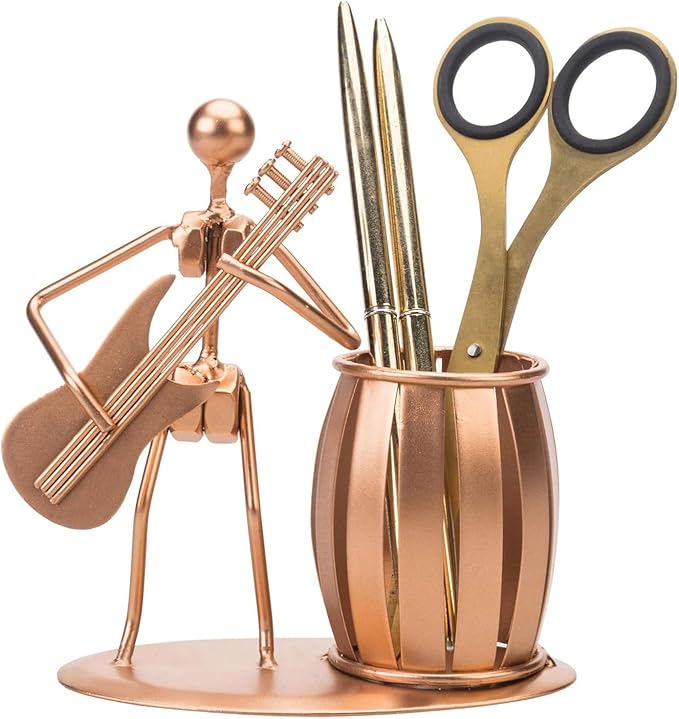 MyGift Pen Holder for Desk, Decorative Pencil Cup with Guitar Design, Accessories & Decor for Men, Gunmetal Gray Metal Desk