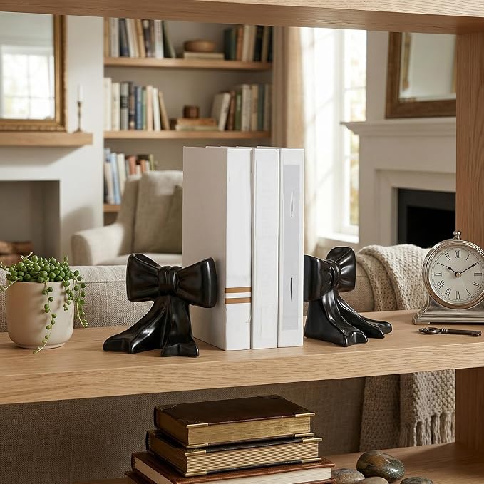 Leinuosen 2 Pcs Black Bow Bookends Ceramic Cute Book Ends Decorative Book Stand Bow Sculpture Statues Tabletop Shelf Bookstopper Room Decor for Home Office School Dorm Girl Desk