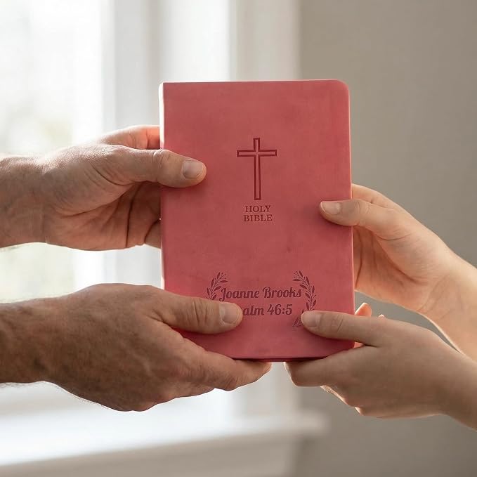 Printualist Personalized KJV Value Thinline Holy Bible with Name Engraved, Red Letter King James Version, Faux Leather Pink Cover, Custom Gift Bible for Christian Celebrations