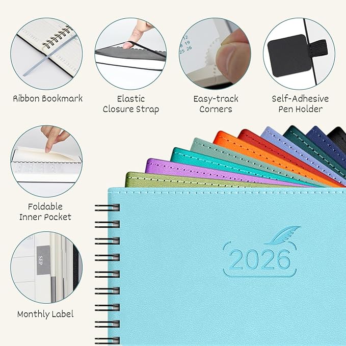 BEZEND Pocket Calendar 2026 Weekly and Monthly (3.5" x 6" Spiral) Small Daily Planner for Purse (Jan-Dec) with Notes & Expenses, Inner Pocket, Pen Holder, Vegan Leather Softcover - Mint Green
