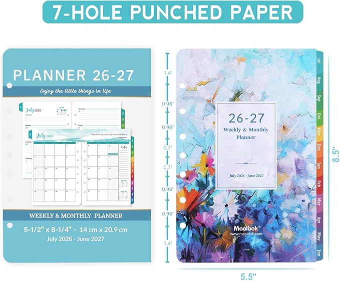 2026-2027 Planner Refills - Planner 2026-2027 Inserts with 7-Hole Punched, 5-1/2" x 8-1/2", Runs from July 2026 to June 2027, Weekly and Monthly Spread, Colorful Monthly Tabs