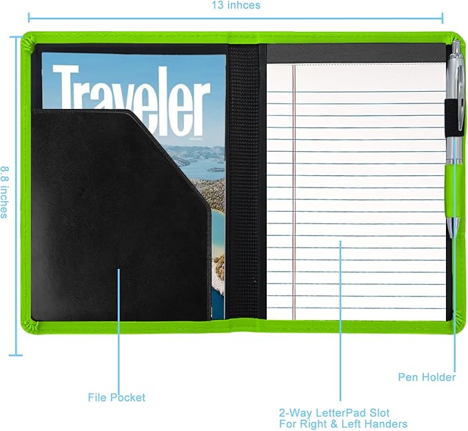 A5 Padfolio Business Portfolio Folder,Junior Size Document Folder Organizer, Padfolio with Interior Pocket and Pen Loop, 5 x 8 Writing Pad Included. Green