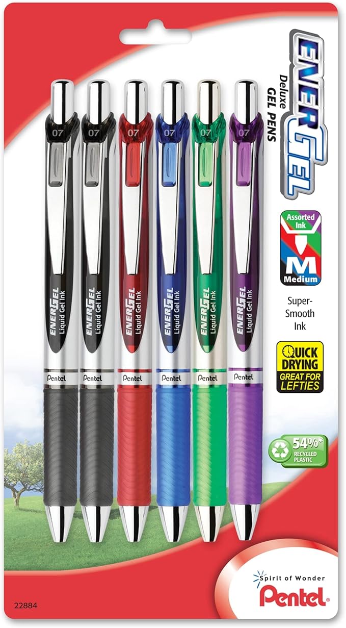 Pentel EnerGel RTX Retractable Liquid Gel Pen, (0.7mm), Medium Line, Metal Tip, Assorted Colors, Pack of 6 (BL77BP6M)