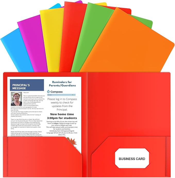 Plastic Folders with Pockets, 6 Color Heavy Duty Two Pocket Folder Business Card Holder for Office High School