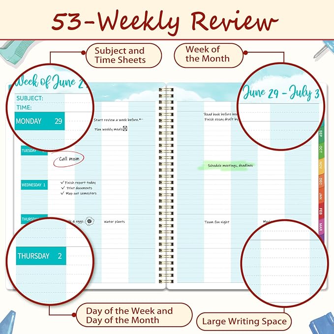 Teacher Planner 2026-2027 - Lesson Planner, Jul. 2026 - Jun. 2027, 8.5" x 11", Planner 2026-2027, Teacher Lesson Planner, Twin-wire Binding, Inner Pocket - Apple and Pencil