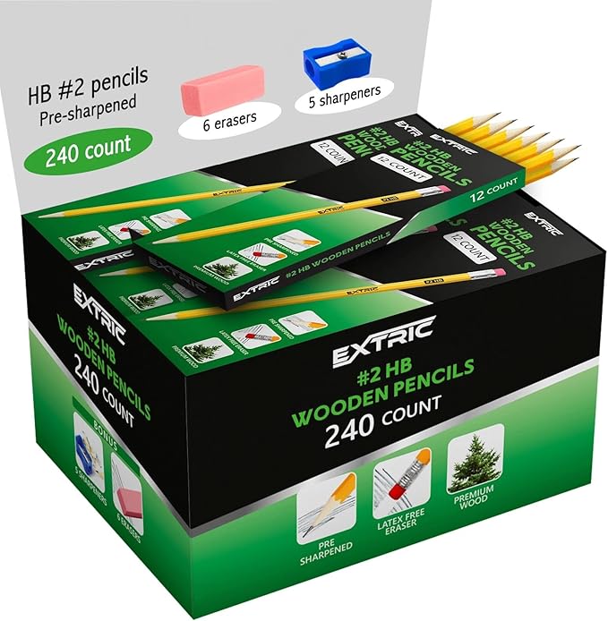EXTRIC Wood-cased HB #2 Pencils, Pre-Sharpened, 20 Packs of 12-Count yellow Pencils, Bulk Pack 240 Count, for Classroom, Teacher Supplies