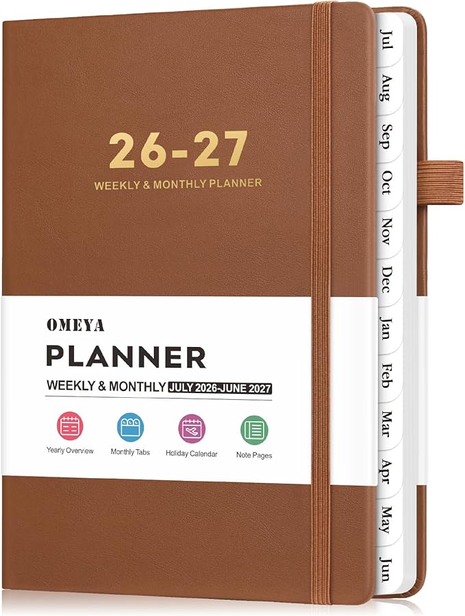 OMEYA Leather Academic Planner 2026-2027: A5 Brown Business Weekly & Monthly Planner for Work, July 2026 – June 2027, 100gsm Thick Paper, Durable Stitched Binding, Tabs, Pen Loop, Pocket