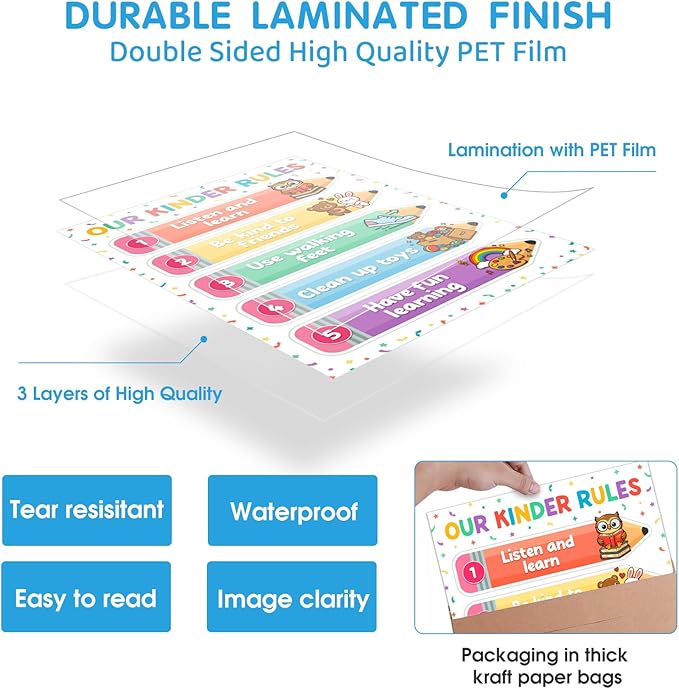 D4DREAM Classroom Rules Poster - 11.2'' Colorful Classroom Expectations Wall Art Teacher Must Haves for Classrooms Preschool Kindergarten Homeschool daycare Back to School Teacher Supplies