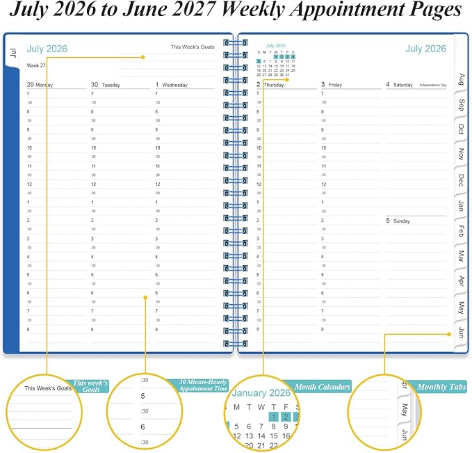 2026-2027 Appointment Book & Planner - 2026-2027 Daily Hourly Planner from July 2026 - June 2027, Weekly Appointment Book with 30-Minute Interval, Medium 6.4" x 8.5", Blue-D
