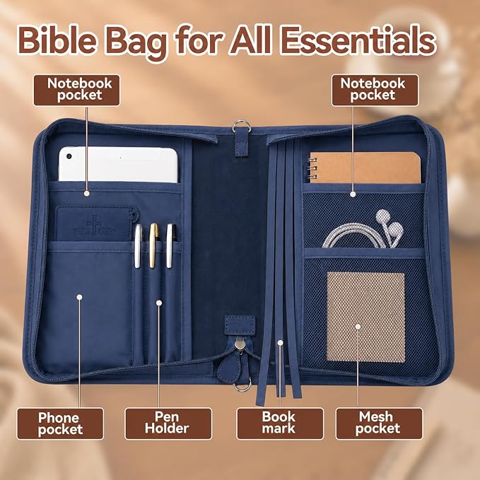 Bible Cover for Men and Women, PU Leather Large Bible Bag with Handle & Shoulder Strap, Bible Carrying Case with Cross Design and Pockets for Church, Bible Study & Christian Gifts, Blue