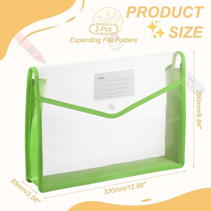 PATIKIL Plastic Expanding File Folders, 2 Pack A4 File Folder Envelopes Letter Size Document Organizer Supplies with Snap Closure for Classroom Office, Green, Horizontal