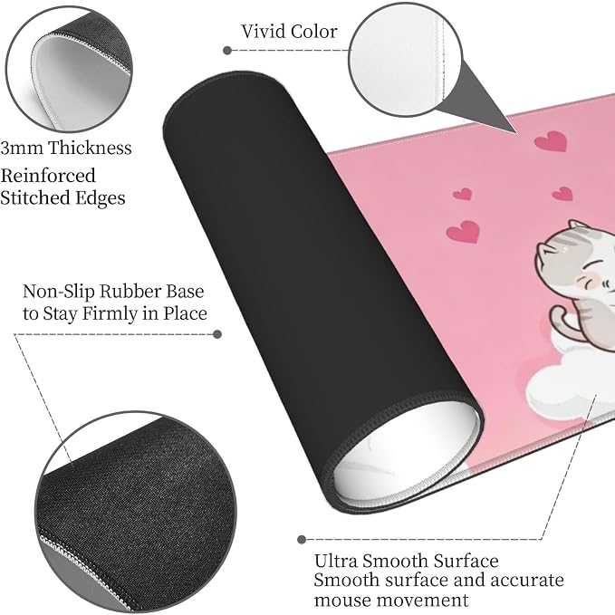 Pink Cat Cute Gaming Mouse Pad Desk Mat for Home and Office, Large Mousepad Extended Keyboard Pad Stitched Edge Accessories Decor