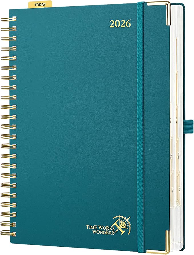 POPRUN 2026 Daily Planner One Page A Day - [A4 Large Size 8.25" x 12" -Spiral Hard Cover], Agenda 2026 Hourly Appointment Book with Monthly Calendar, Pen Holder, Ivory Paper -Pacific Green