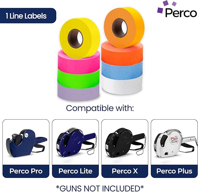 Perco 1 Line Multicolored Sleeve—240 Rolls, 30 Sleeves, 240,000 Labels for Perco Lite, X, Plus & Pro Guns—Includes White, Yellow, Blue, Lavender & Fluorescent Colors (Red, Green,Pink, Orange)—USA Made