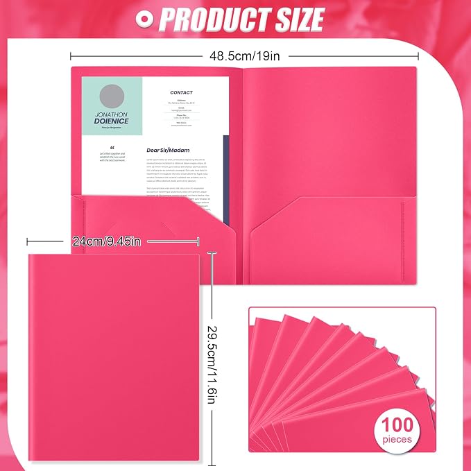 Gueevin 100 Pack Plastic Folder with Pockets, 2 Pocket Folders, Plastic Glossy Folders Fit Letter Size Paper, Heavy Duty Durable File Folder with Business Card for Home Office School (Hot Pink)