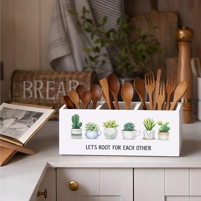Succulent Desk Organizer Wooden Pen Pencil Holder for Desk, 3 Compartments Office Accessories, Let's Root for Each Other Plant Decor, Cute Succulent Gifts for Women Home Office Storage