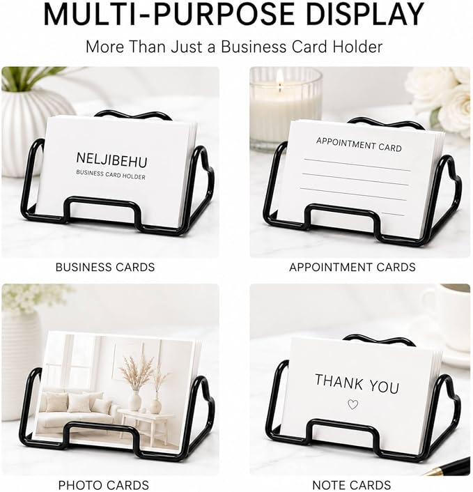 Heart Business Card Holder for Desk, Metal Business Card Stand Organizer, Cute Desktop Display for Name Cards, Photos and Notes, Office Reception Wedding Table Decor (black)