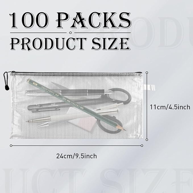 100 Pcs Black Mesh Zipper Pouch Bulk Multipurpose Waterproof Zipper Pouches, 9.5x4.5 Inches Small Plastic Zipper Mesh Bags Clear Mesh Pouches with Zipper for Office Travel Supplies Storage
