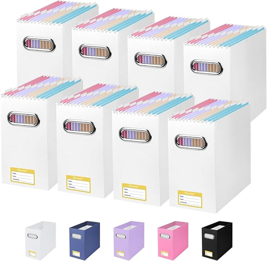 BALEINE File Organizer Box, Cardboard File Folder Organizer with Handle for Letter Size, Portable Collapsible Hanging Filing Box for Home Office Document Storage (8 Pack, White)