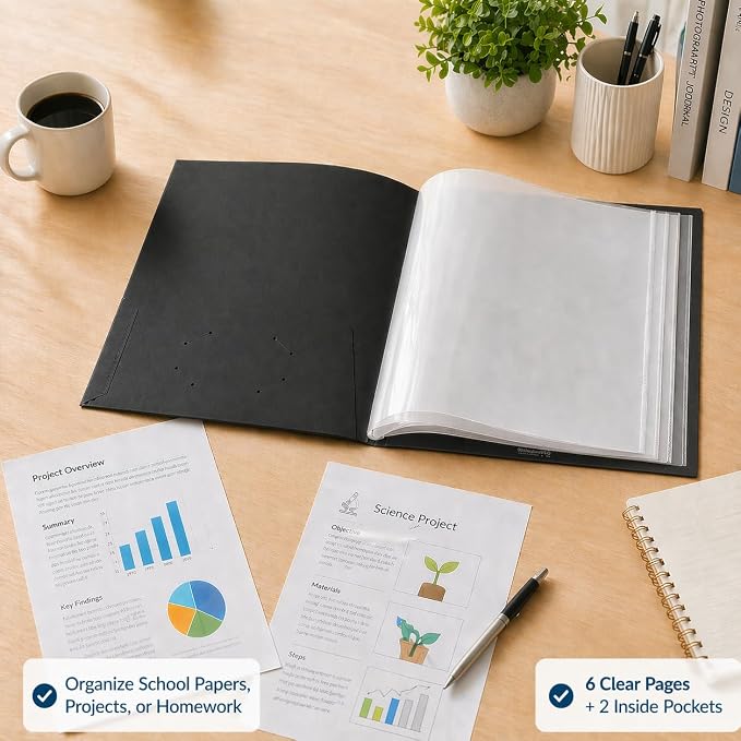 Ultra PRO - 50 Pack Black Heavy Duty 2-Pocket Folders with 6 Clear Internal Pages, Waterproof Poly Project Organizer for School and Office, Fits 8.5 x 11 Letter Size, Customizable Clear Covers