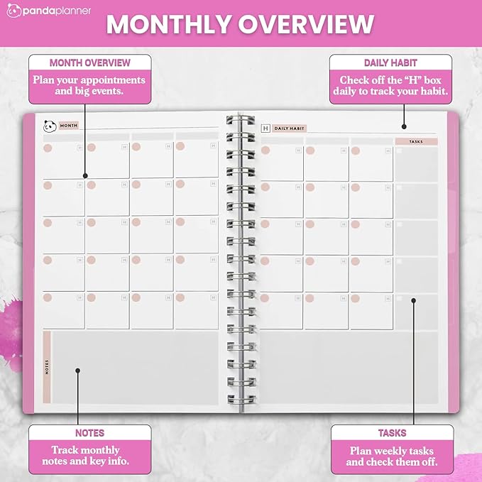 Panda Planner 2026 Undated Daily Planner with Hourly Schedule 5.75" x 8.25" – 90 Days Daily Journal with Spiral Binding – To Do List Notebook with Habit Tracker for Home/Office Supplies – Pink