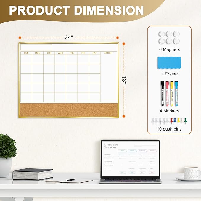Dry Erase Calendar Whiteboard for Wall, 24'' x 18'' Monthly White Board Planner with Gold Frame and Corkboard, Magnetic Hanging Wipe Board for Home Office School Dorm