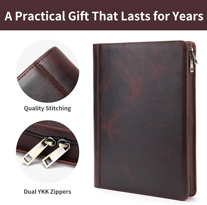 Personalized Genuine Leather Portfolio for Women and Men, Custom Engraved 8.5 x 11 Legal Padfolio, Zippered Notebook Laptop Organizer, Business Executive Folio for Work, Dark Brown, Oil Tanned